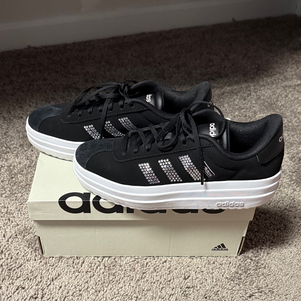 Adidas Women’s Black and White Sneakers with Rhinestone Detail